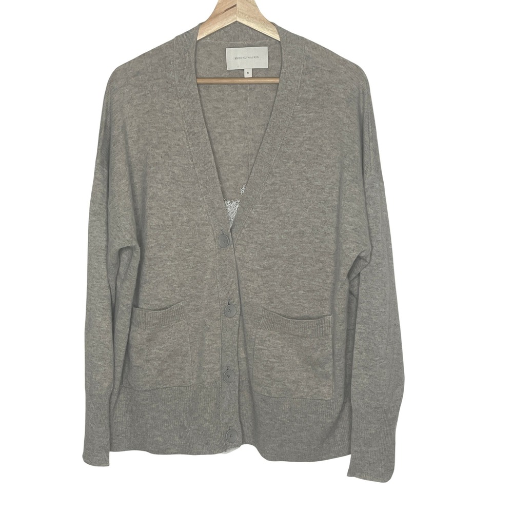 Brochu Walker Wool Cashmere Layered Lace Trim Cardigan Gray JER3526 Medium